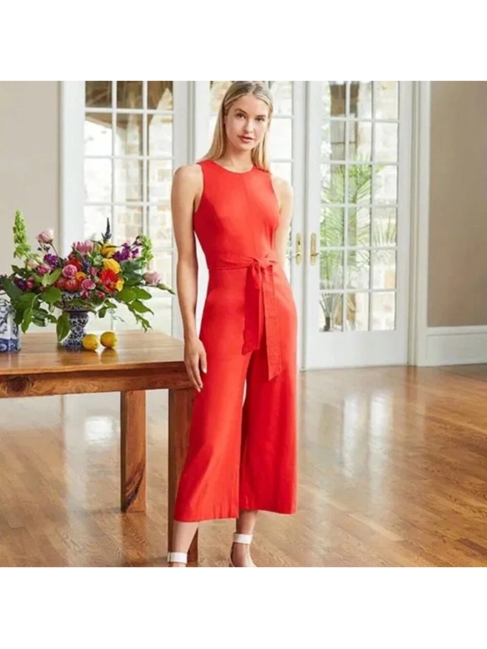 ANTONIO MELANI Adelaide Linen Tie Front Cropped Jumpsuit in Chili Red Size 6
